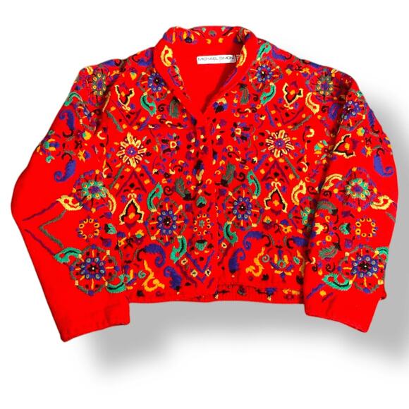 Vintage 90s Michael Simon Embroidered Cherry Red Artsy Knit Cardigan Sweater - Picture 12 of 12